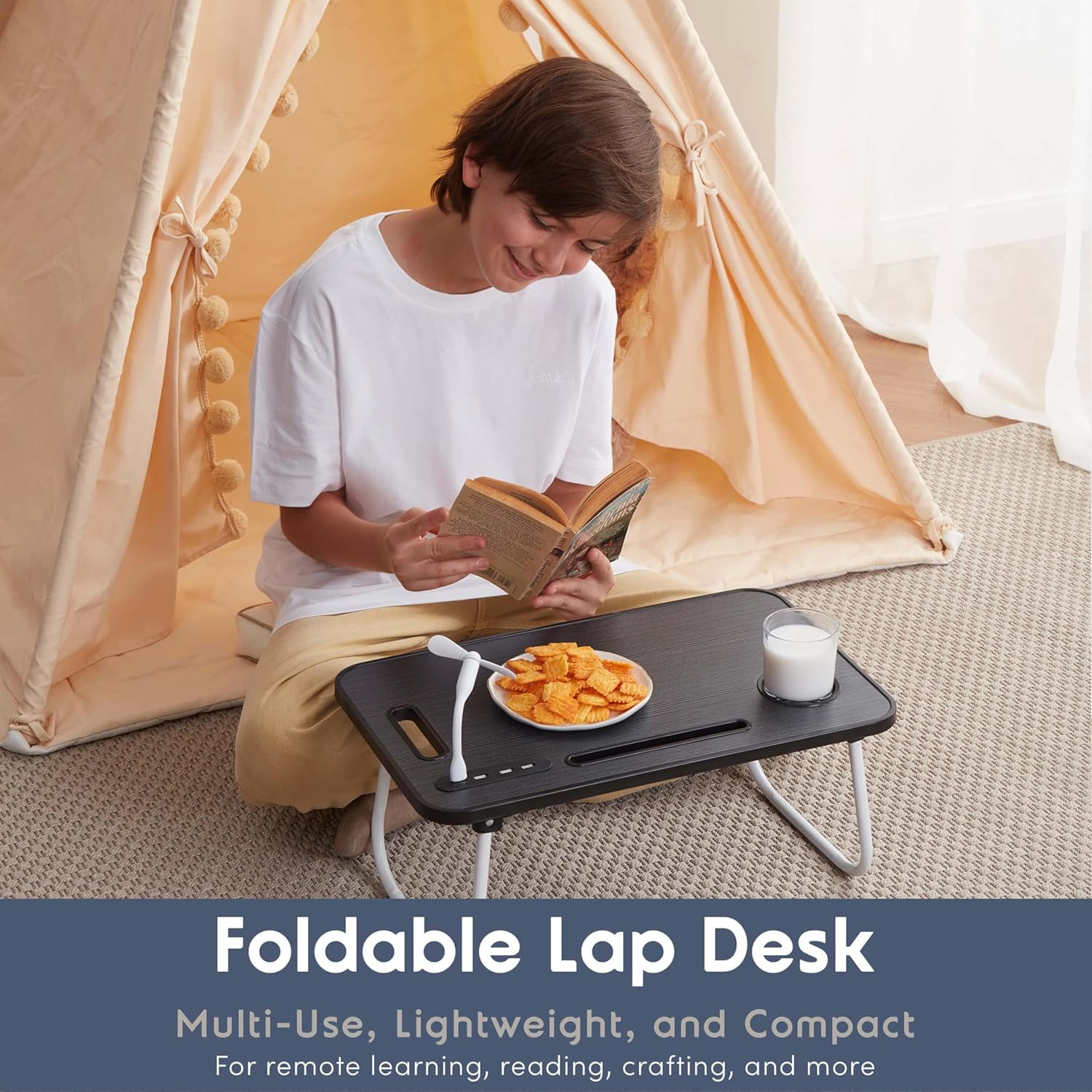 Foldable Lap Desk - Portable Laptop Stand for Bed, Couch, Work, Reading & Writing - USB Ports, Small Laptop Tray, Black