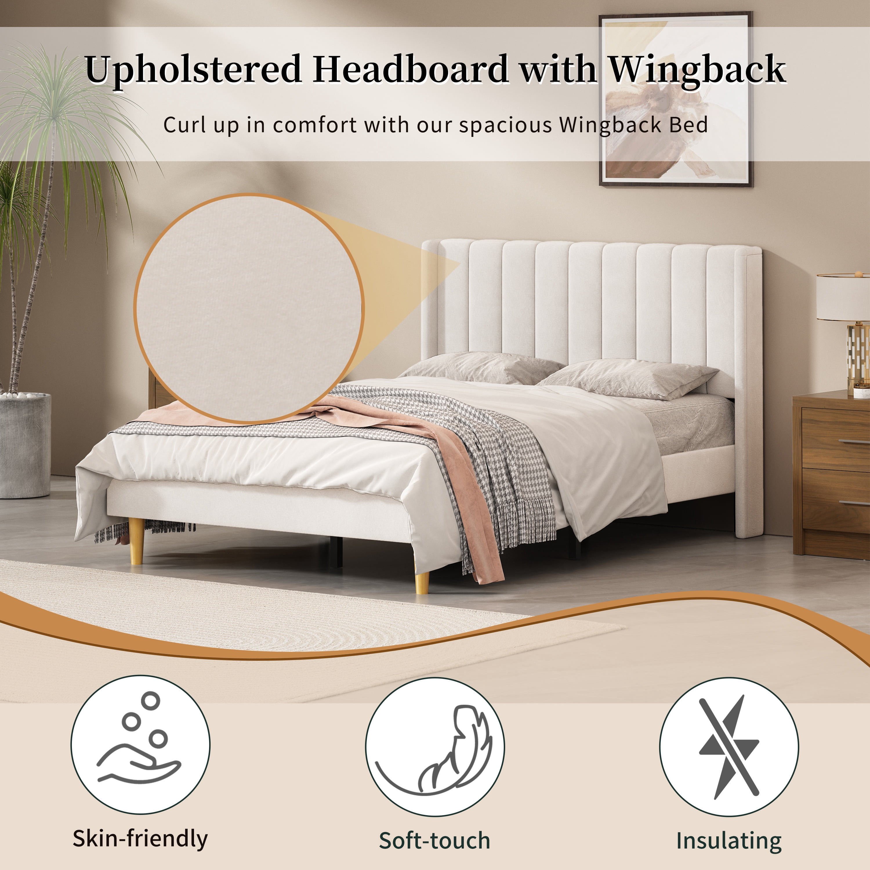 Full Size Upholstered Bed Frame,40.9" High Headboard,Strong Metal Frame,Wooden Slats Support,No Box Spring Needed,Easy Assembly,Velvet Fabric,Cream