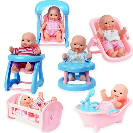 Set Of 6 Mini Dolls With Cradle, High Chair, Walker, Bathtub, Swing, And Baby Seat .Hours of imaginative