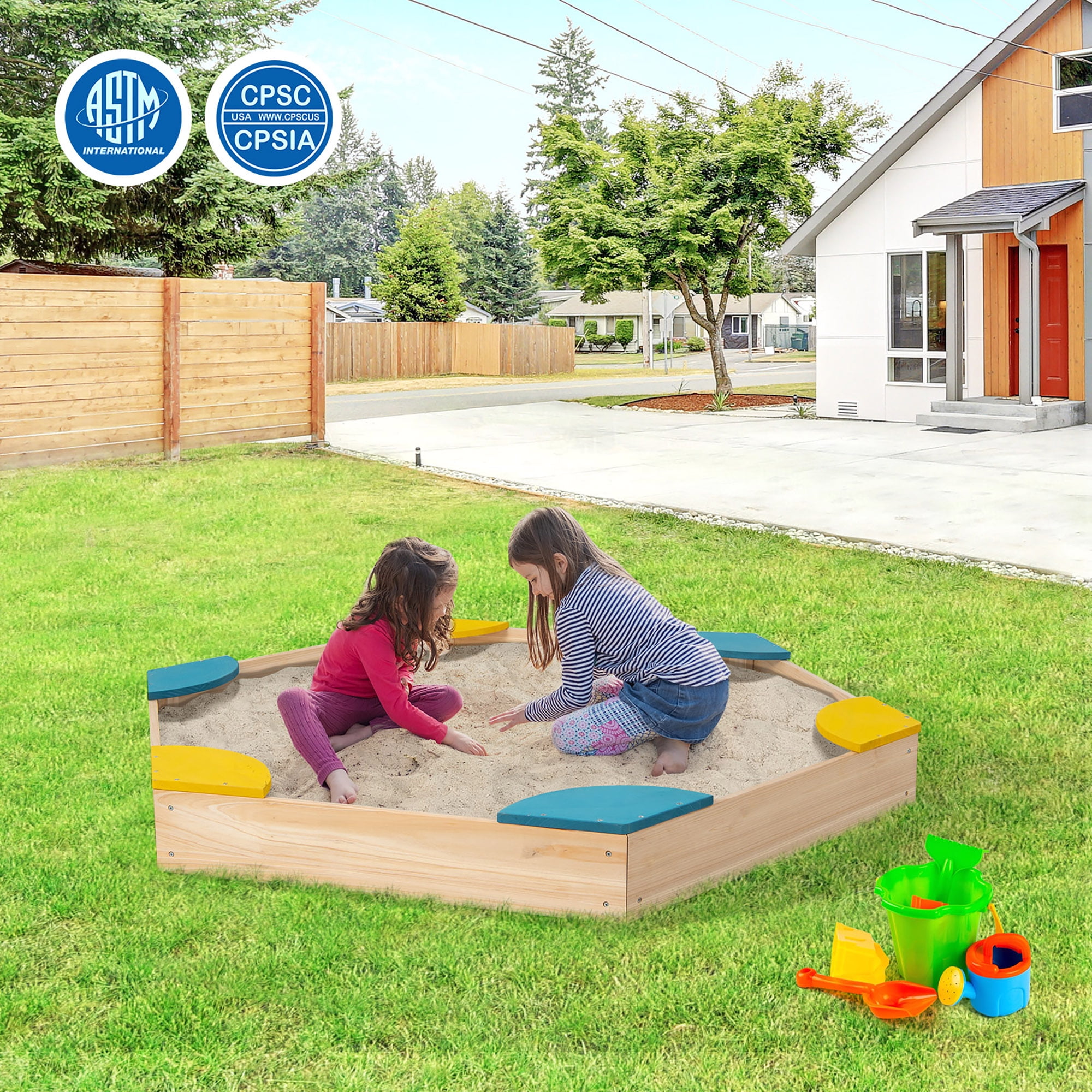 Costway Wooden Sandbox with Seats, Outdoor Backyard Bottomless