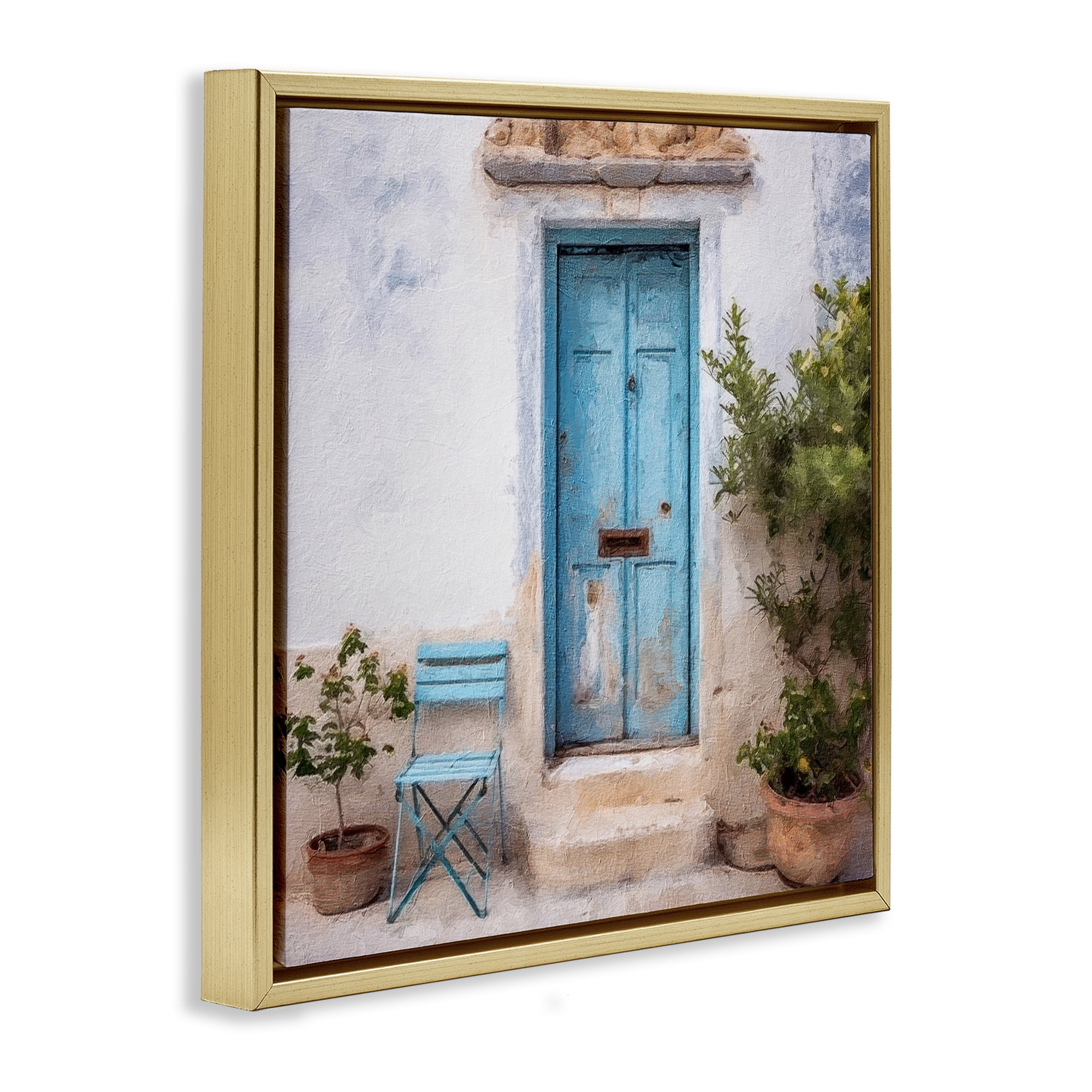 Stupell Industries Blue Town Doorway Town & City Painting Gold Floater Framed Canvas Art Print Wall Art, 25 x 25