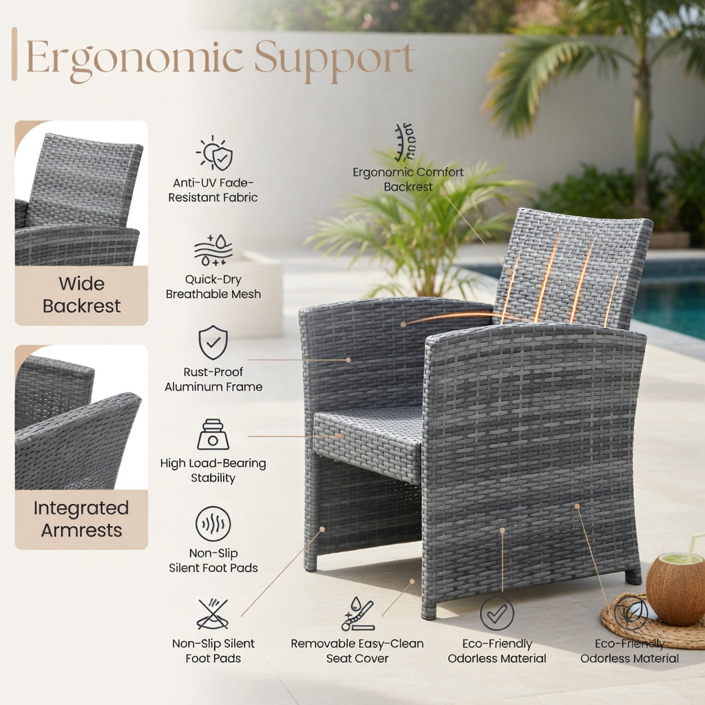 Hommoo 3-Piece Outdoor Patio Furniture Set, PE Rattan Sofa Set with Tempered Glass Coffee Table, Removable Cushions, Heavy-Duty Metal Frame, Black