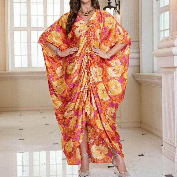 TaTaai Women Plus Size Satin Drawstring Beach Maxi Dress Loose V-Neck Ankle Length Cover Up Kaftan Robe Ladies Summer Holiday Beach Swimwear Casual Outfit Gift