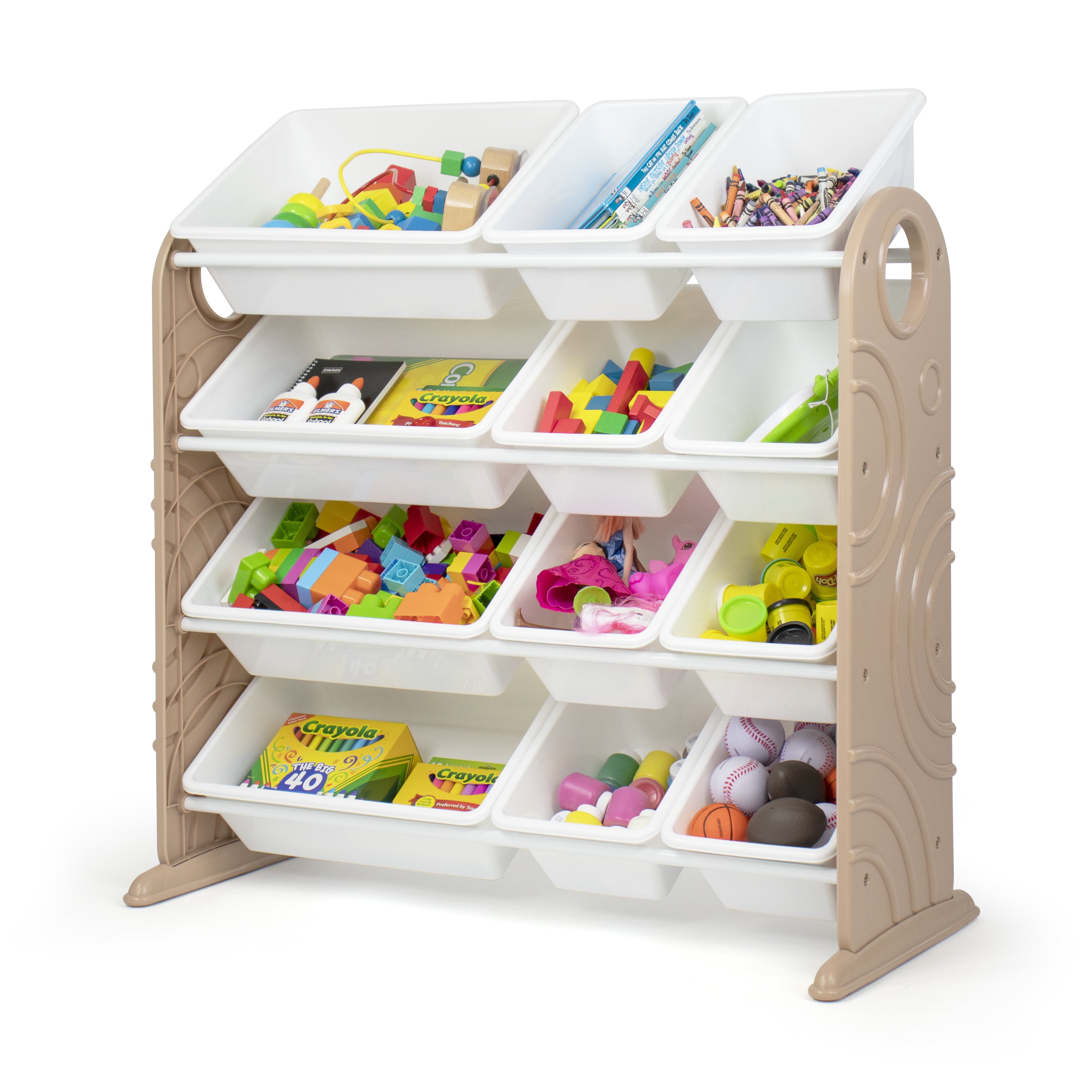 Your Zone Mocha Plastic Toy Storage Organizer with 12 White Plastic ...