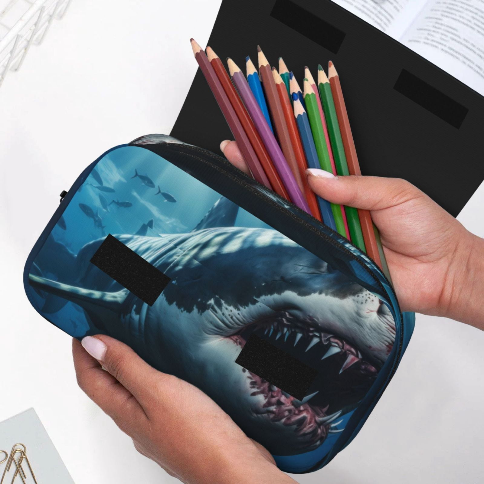Rateoe 3D Realistic Shark Pattern Double Clamshell Pen Case, Storage Organizer with Two Zipper Compartments– Holds Up to 50 Pencils & Pens