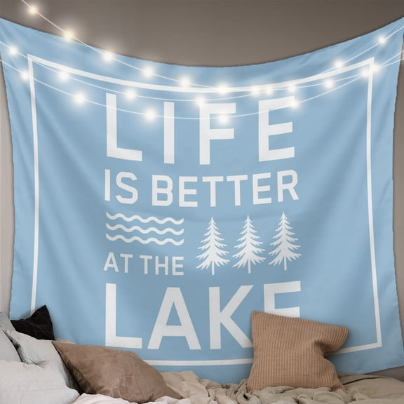 Blue Large Tapestry for Bedroom Wall Hanging Tapestry, Mountain Forest Tree Life Is Better at The Lake Ceiling Backdrop Tapestries Poster Blanket Wall Decor for Teens Room Living Room Dorm 86" x 104"