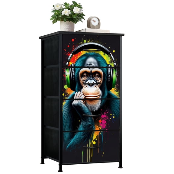 Modern Dresser for Bedroom with 4 Storage Drawers Graffiti Monkey Gaming Room Boys Gamer Controller Animals Vintage Dressers Chest of Drawers Steel Framed Fabric Closet Organizers for Entryway