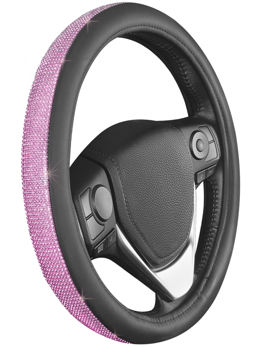 BDK Bling Bling Diamond Leather Steering Wheel Cover with Rows Crystal  Rhinestones, Universal Fit 14.5-15.5 Inch for Women Girls (Pink) 