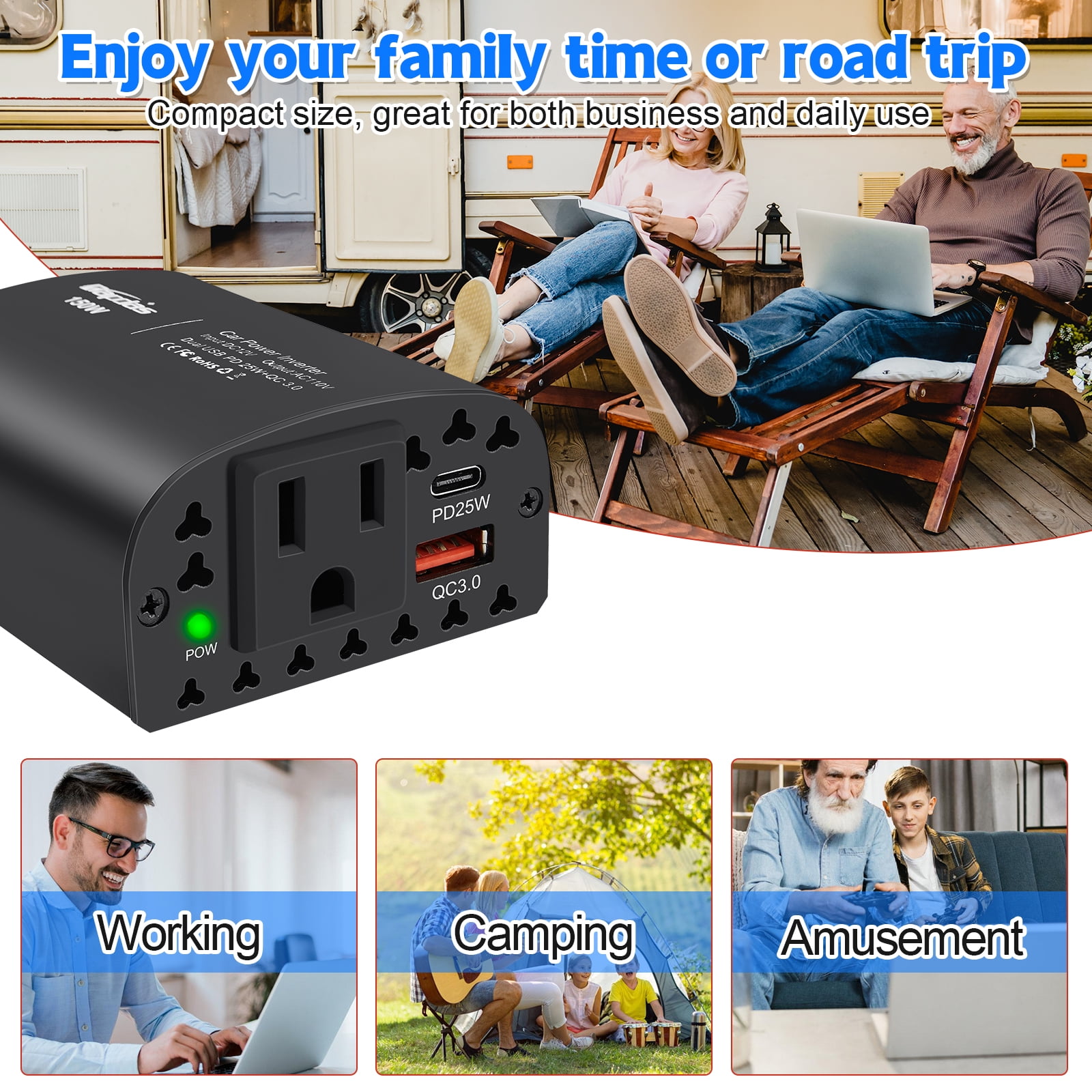 150W  Power Inverter DC 12V to 110V AC Car Plug Outlet Adapter with PD 25W USB C& QC 3.0 Car Laptop Charger-Black