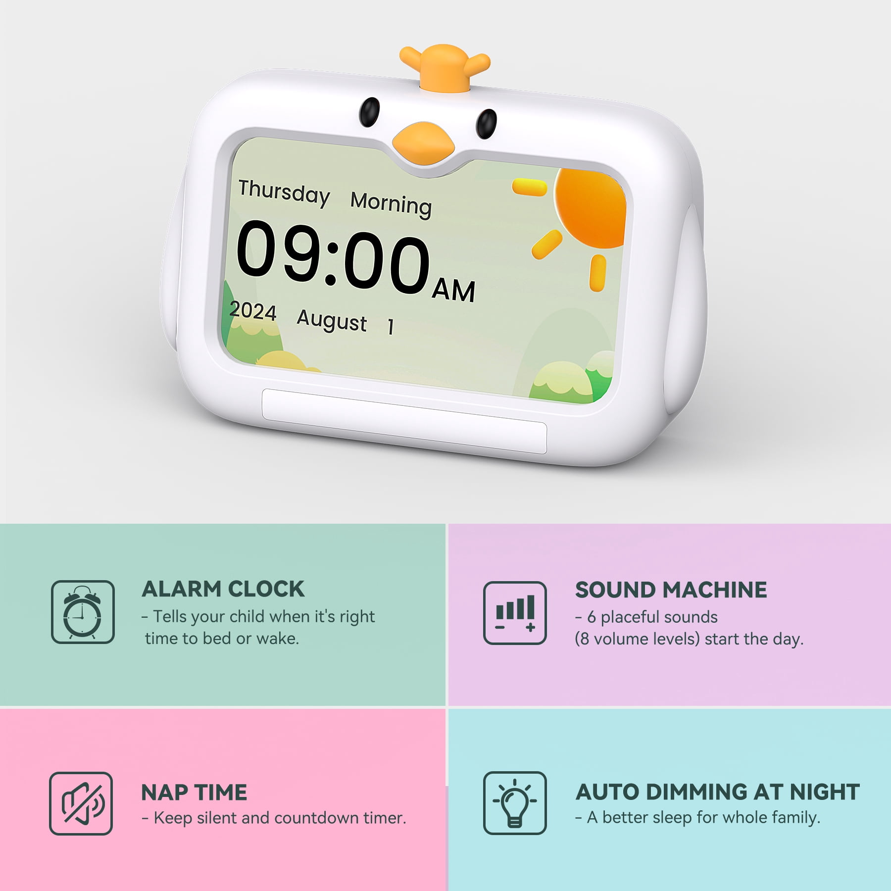 Mitoart Kids Alarm Clock - OK to Wake Clock for Toddlers,7 inch Sleep Training Clocks with Red/Green Lights, 8 Natural Sounds & 2 Levels Educational Alarm Clock for Kids.