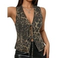 thumbnail image 3 of Women'S Tie Front Deep V Neck Denim Vest Sleeveless Jean Jacket Leopard Print S, 3 of 8