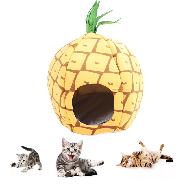 Heated Cat Cave, Comfortable Decorative Washable Removable USB Plug in Heating Adjustable Temperature Cartoon Semi Enclosed Heated Cat Bed for Indoor Pet Ananas Style