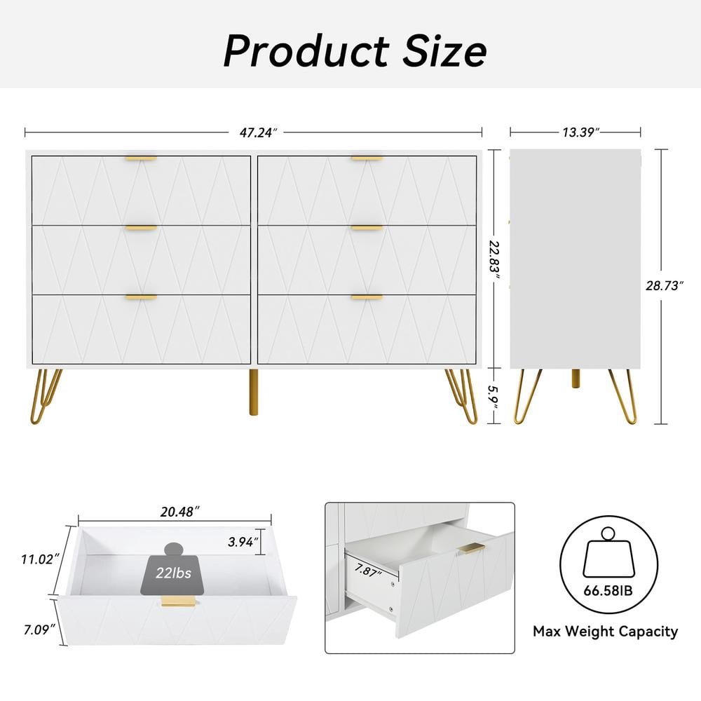 Eclife 48" Large 6-Drawer Double Dressers Chest for Bedroom Wood Top Metal Handles for Living Room Home