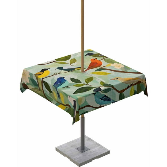 Hokiten Outdoor Tablecloths with Umbrella Hole & Zipper, Spring Birds Leaves 60x60 Inch Square Tablecloths, Summer Pastoral Botanical Waterproof Table Cloth, Patio/Pool/Picnic Table Covers