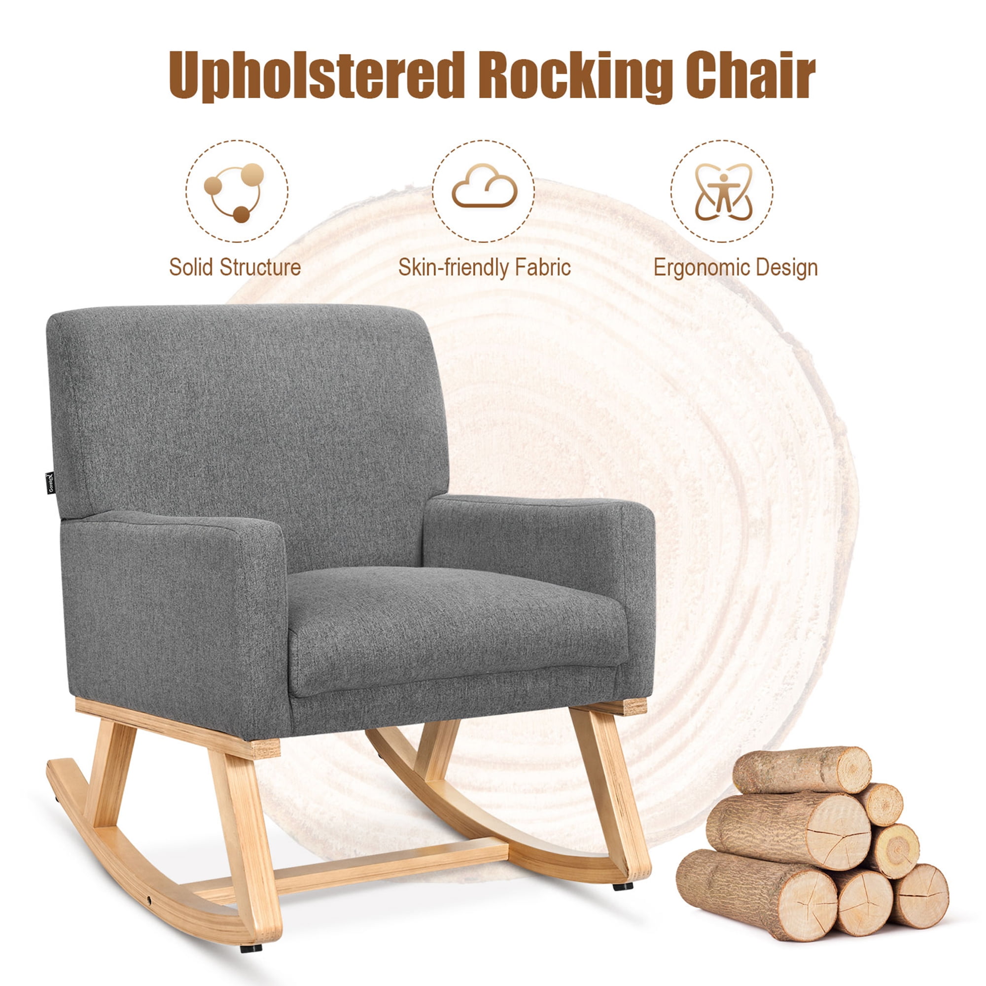 Gymax Mid Century Accent Armchair Fabric Rocking Chair Upholstered Lounge Chair Gray