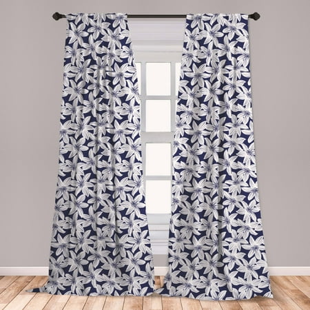 Navy Curtains 2 Panels Set, Tropical Hibiscus Flower Petals Exotic Blossoms Hawaiian Holiday Style Image, Window Drapes for Living Room Bedroom, White Dark Blue, by Ambesonne