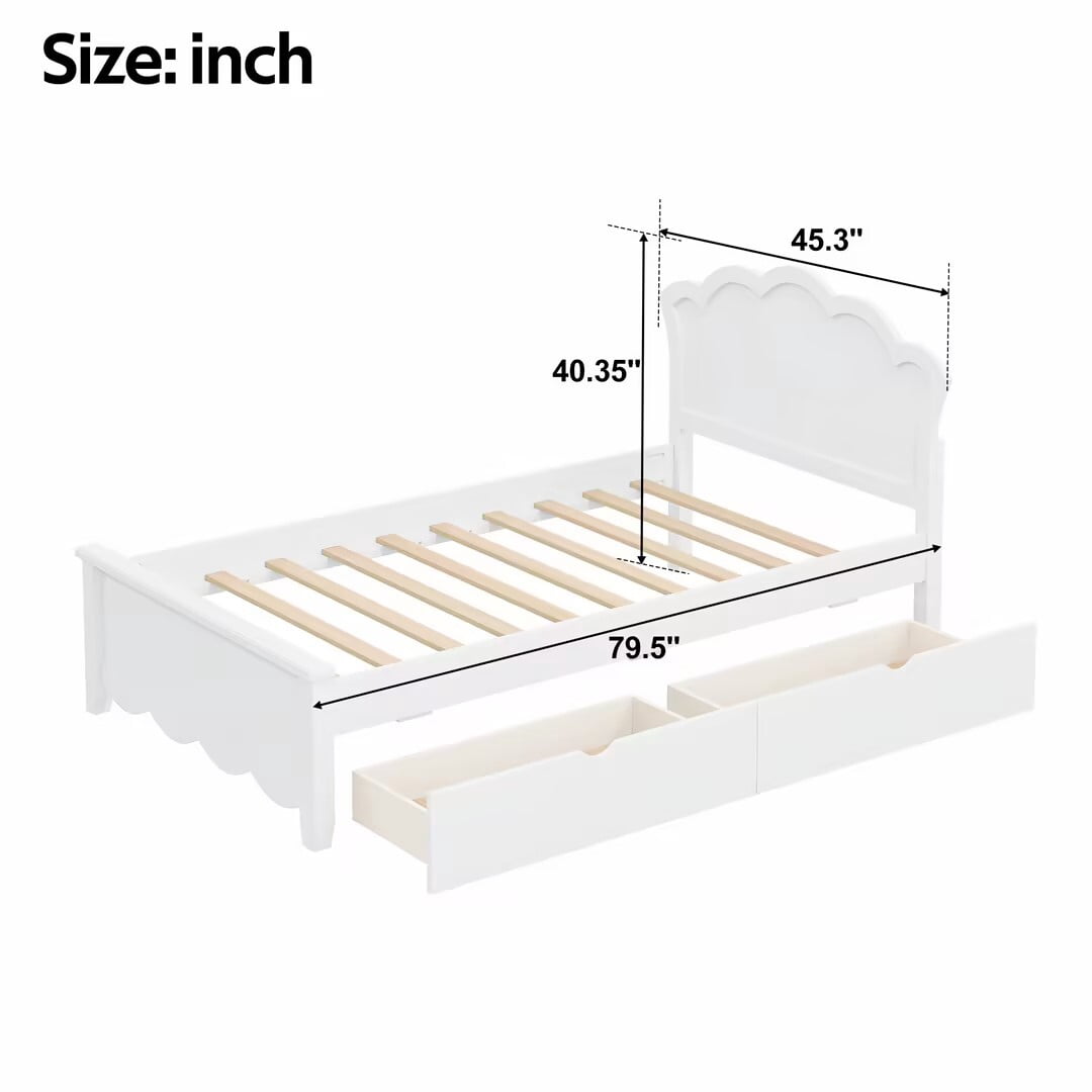Euroco Wood Twin Size Platform Bed with 2 Drawers, White