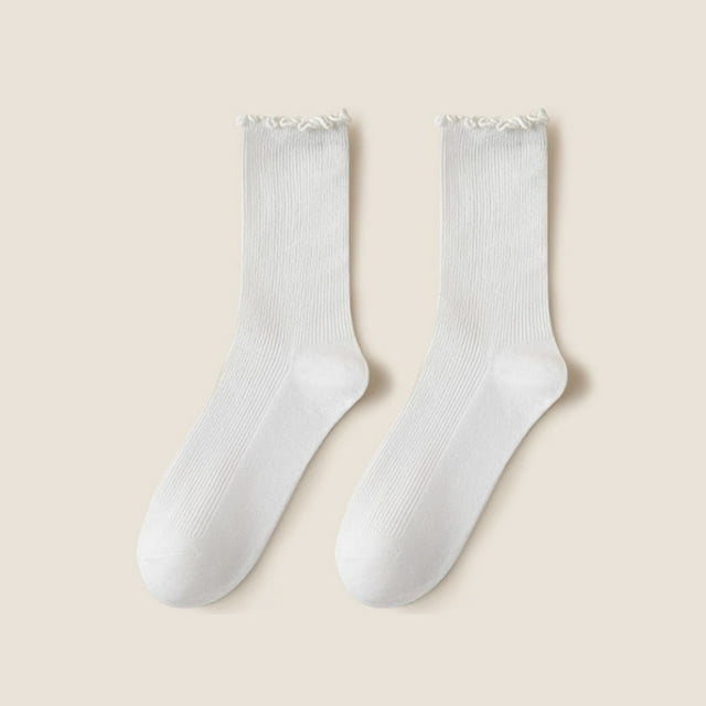Xiao Hua Calcetines cortos de encaje con borde de hoja de loto, de punto fino de algodón neutro, con ribete de hoja de loto, color blanco (6 pares)