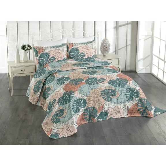 Ambesonne Tropical Quilted Coverlet 3 Pcs, Palm Leaves Line Art Plot, King Size, Dark Cadet Blue and Almond