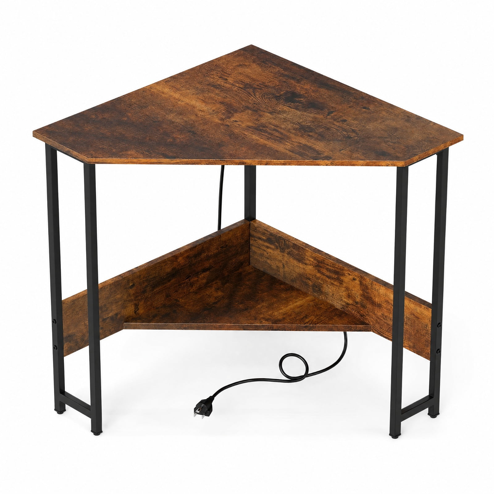 Furnibear Corner Desk Triangle Computer Desk Home Office Study Workstation with Charging Station and Open Shelf for Small Spaces, Rustic Brown