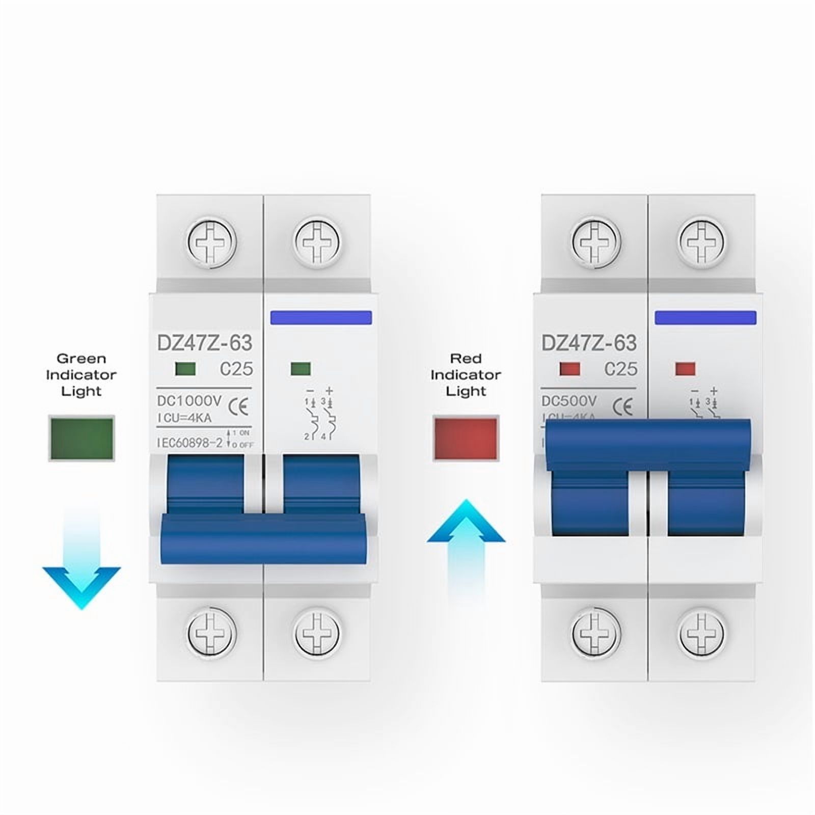 1PCS 2P MCB 10A 16A 20A 25A 32A 40A50A63A Circuit Breaker DZ47Z 500V/1000V Din Rail Mount DC Disconnect Switch for Solar PV System