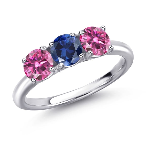 Gem Stone King 925 Sterling Silver Blue Created Sapphire and Pink Moissanite Engagement Ring for Women | 1.60 Cttw | Round 5MM | Gemstone September Birthstone | Size 9