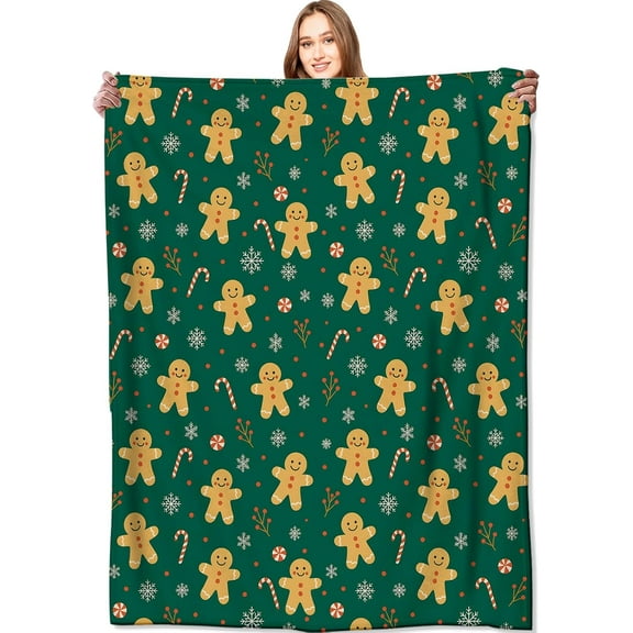 Gingerbread Man Blanket Christmas Holiday Decor Cute Green Xmas Throw Gifts for Kids Lightweight Fleece Candy Canes Snowflakes Snowflakes Cookies Blankets for Festive Winter Decoration 40x50in