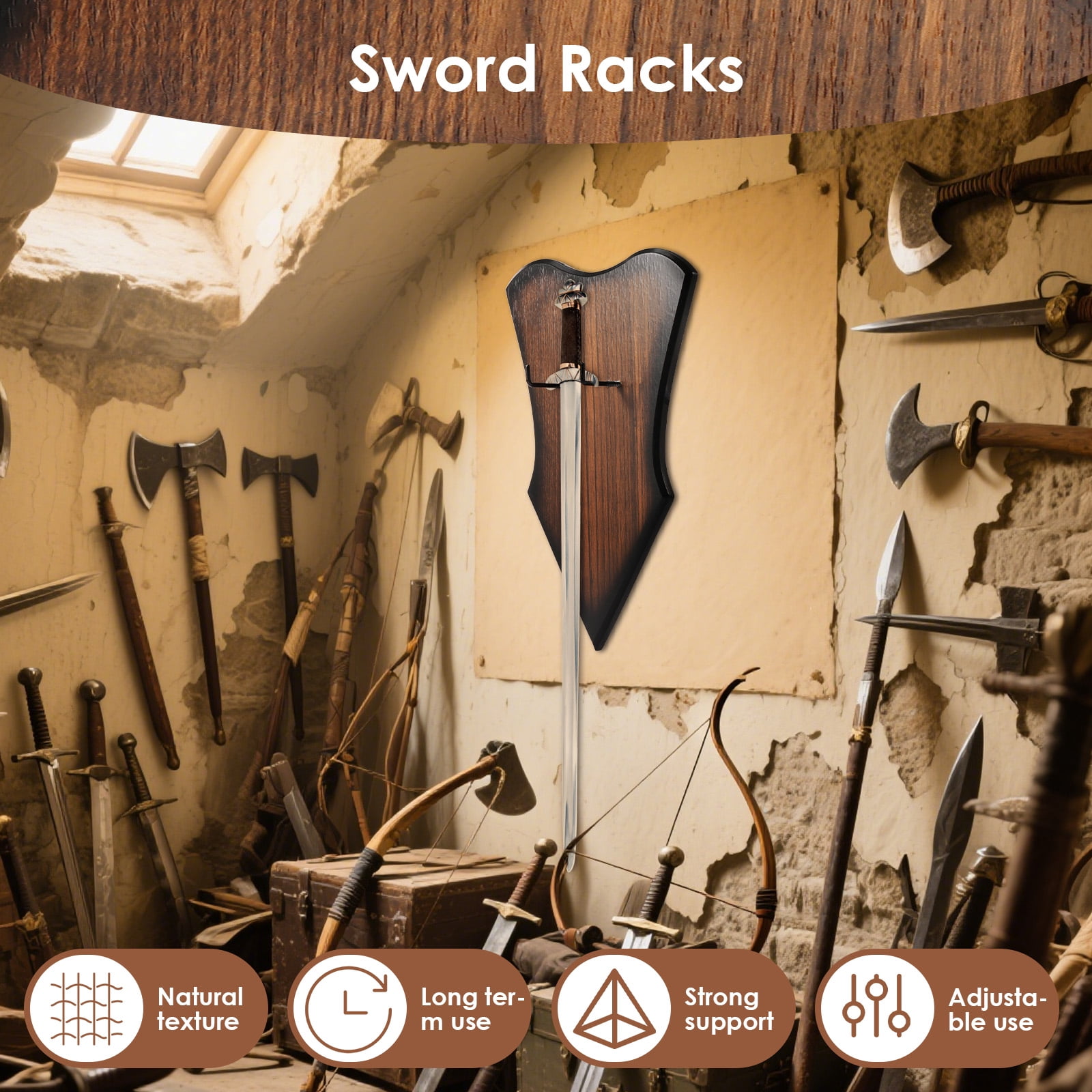 Sword Wall Mount Adjustable Vertical Sword Stand Multifunctional Wood Katana Wall Mount for Displaying Bow Dagger Axe Anime Prop