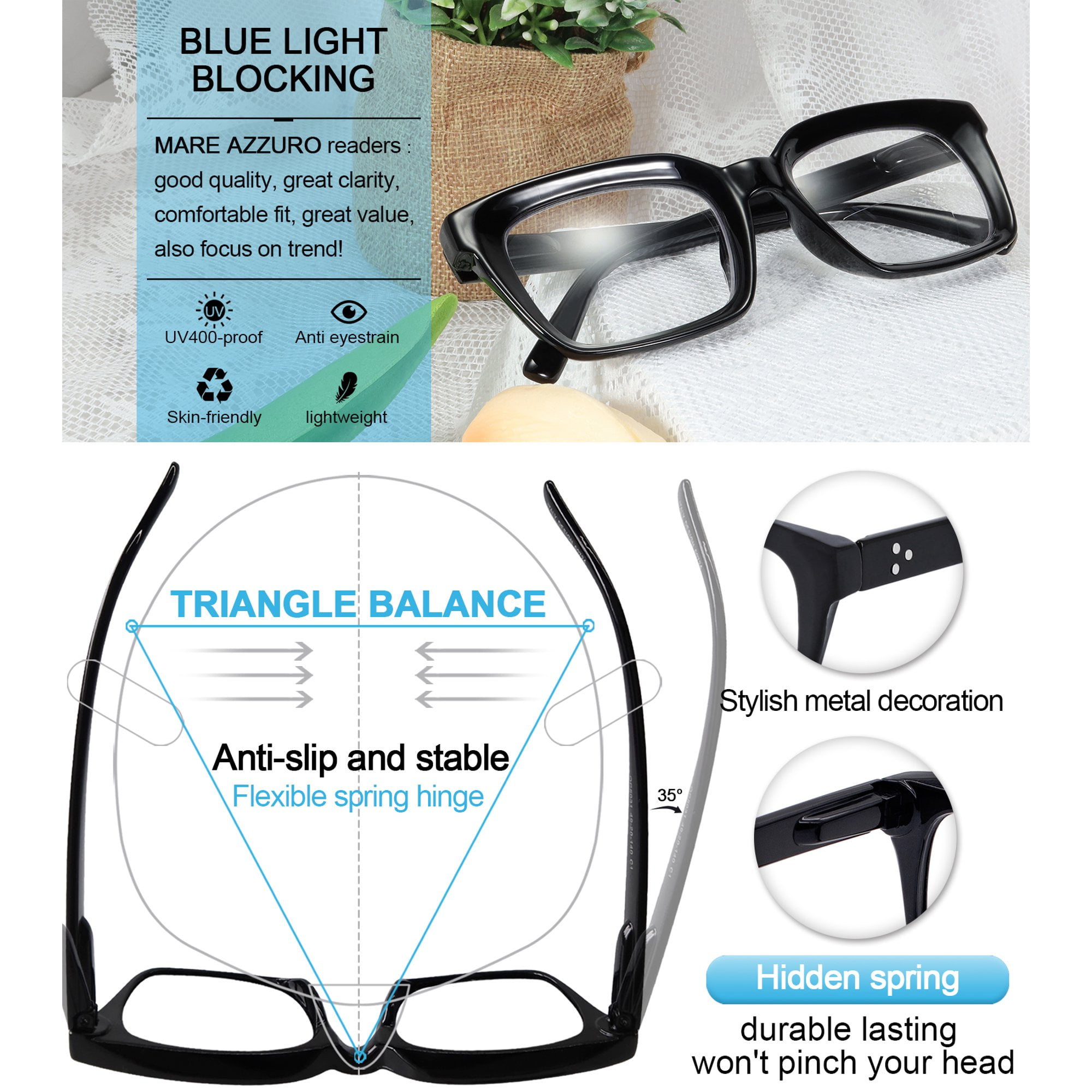 MARE AZZURO Bifocal Reading Glasses Women Blue Light Blocking Readers 1.0 1.25 1.5 1.75 2.0 2.25 2.5 2.75 3.0 3.5 (Black, 1.75) UV400 Protection with Spring Hinge, Polycarbonate Lens