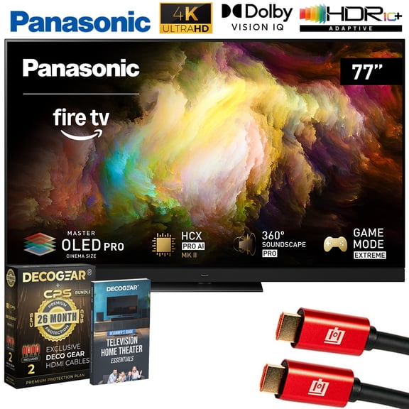 Panasonic Z8BAP 77 Inch OLED 4K Smart, Fire TV, 144Hz HDR10  TV-77Z8BAP Bundle with Deco Gear CPS Exclusive 26 Month Protection, 2x HDMI Cable & Deco Gear Complete Home Theater Beginner's Guidebook