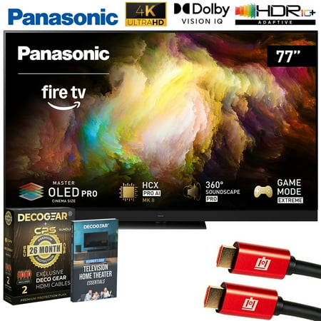 Panasonic Z8BAP 77 Inch OLED 4K Smart, Fire TV, 144Hz HDR10+ TV-77Z8BAP Bundle with Deco Gear CPS Exclusive 26 Month Protection, 2x HDMI Cable & Deco Gear Complete Home Theater Beginner's Guidebook