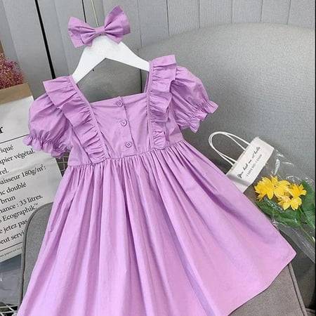 

Bullpiano Summer Casual Girls Sweet Polka Dot Puff Sleeve Short Sleeve Dress Free Bow Hairpin 2-8Y