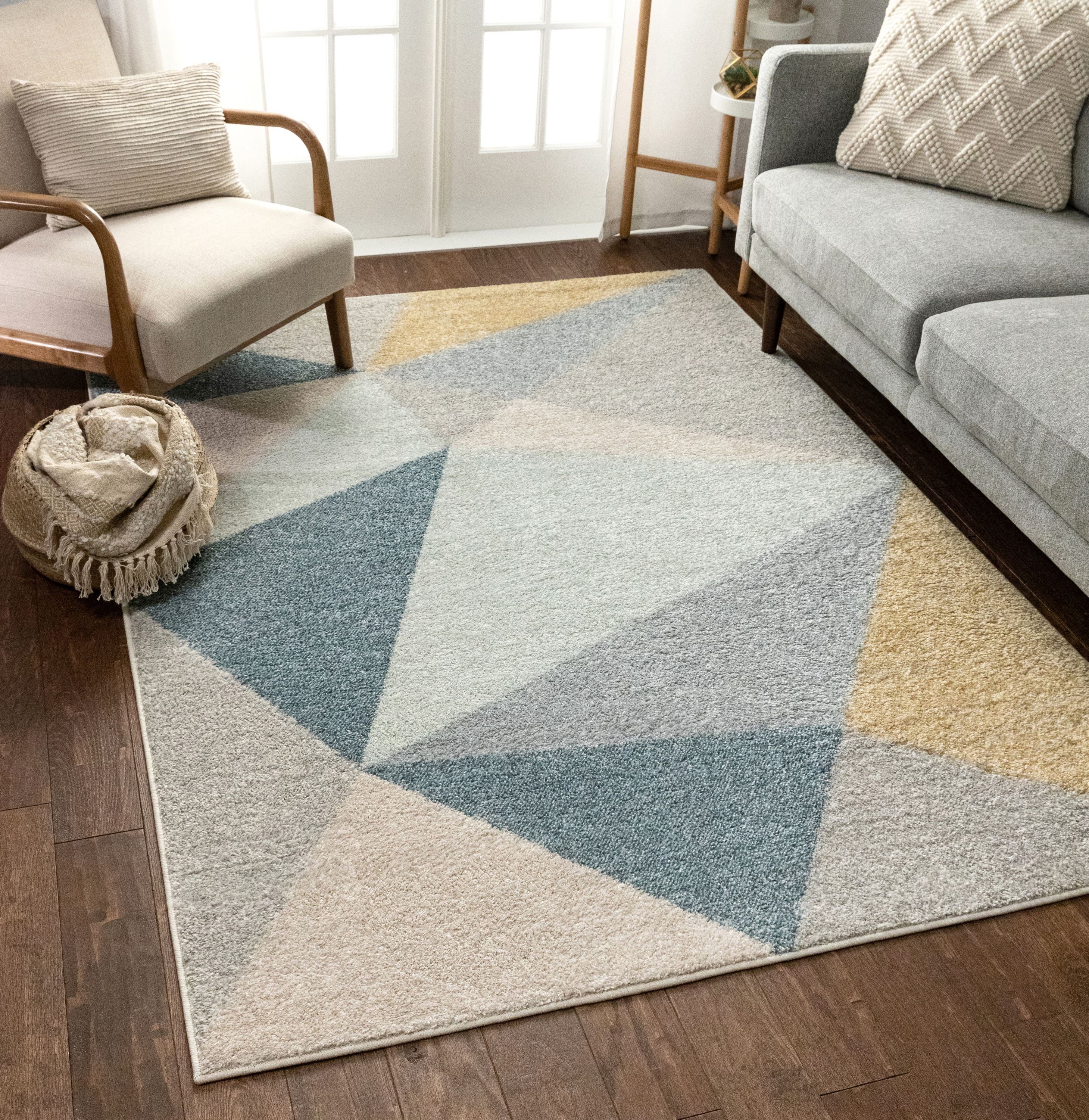 Well Woven Easton Modern Abstract Geometric Triangles Blue, Gold & Grey