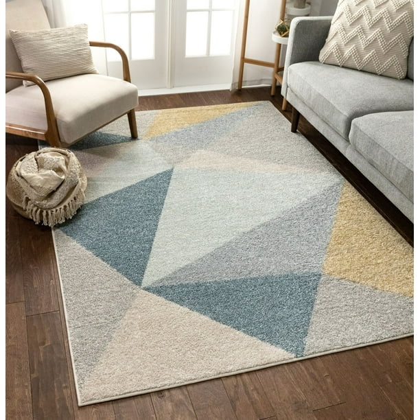 Well Woven Easton Modern Abstract Geometric Triangles Blue, Gold & Grey