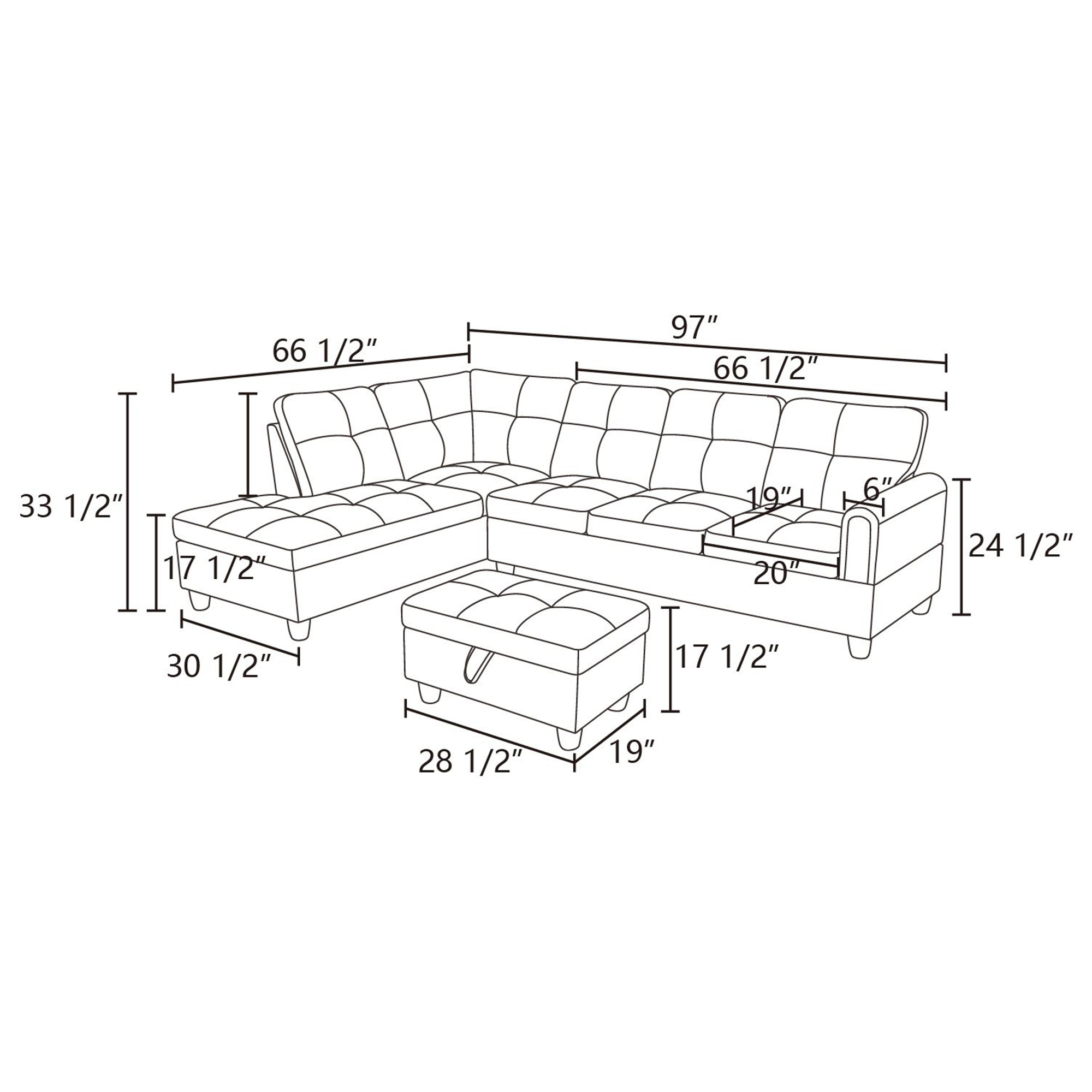 Aukfa Sectional Sofa, Living Room Couch with Storage Ottoman, Left Facing Chaise, Flannel, Dark Gray