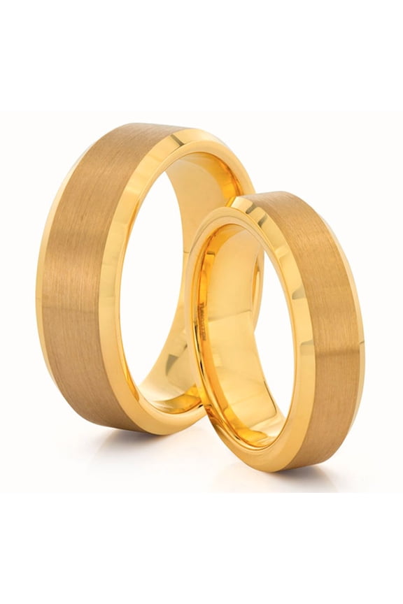 TungstenMasters Roberto Ferrini Design HIS & HERS 8MM/6MM Tungsten Carbide Brushed & Polished Gold Plated Comfort Fit Wedding Band TWO RING SET (Available Sizes 4 - 14 Including Half Sizes)