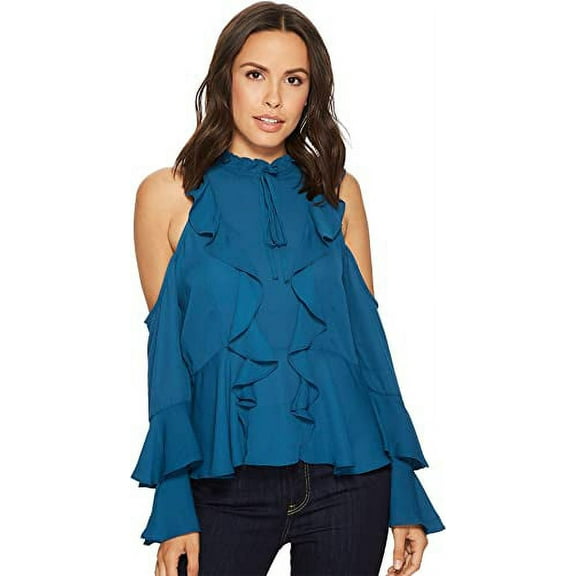 Romeo and Juliet Couture INK BLUE Women's Shoulder Ruffle Detail Top, US Small