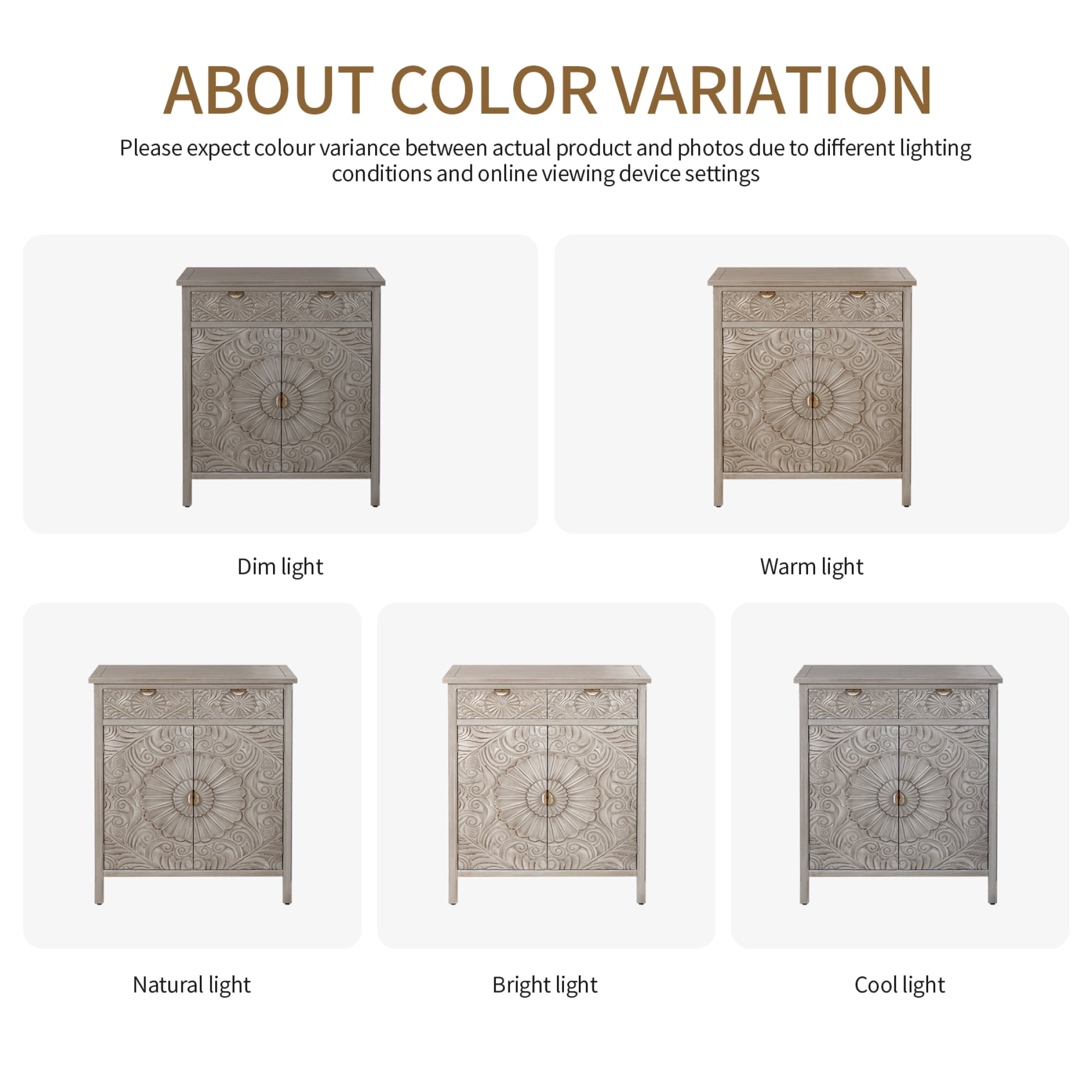 Leumius Accent Cabinet, Wooden Storage Cabinet with Drawer & Doors, Floral Embossed Sideboard with Gold Handles for Entryway Living Room Natural