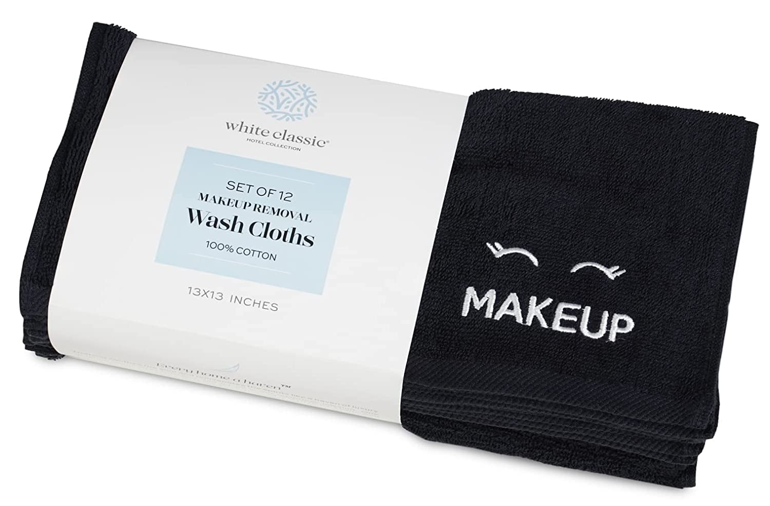 White Classic Bleach Safe Black Makeup Towels - Luxury Ultra Soft Cotton Face Makeup Washcloth for Make up Removal, Home Bathroom Black Cloth Face Towels 12 pack, Black