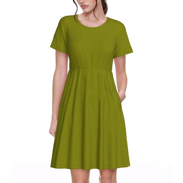 Fotbe Olive Vestido Largo de Moda para Mujer, Vestido Tipo Camiseta con Manga Corta y Estilo Casual a Rayas y Bloques de Color