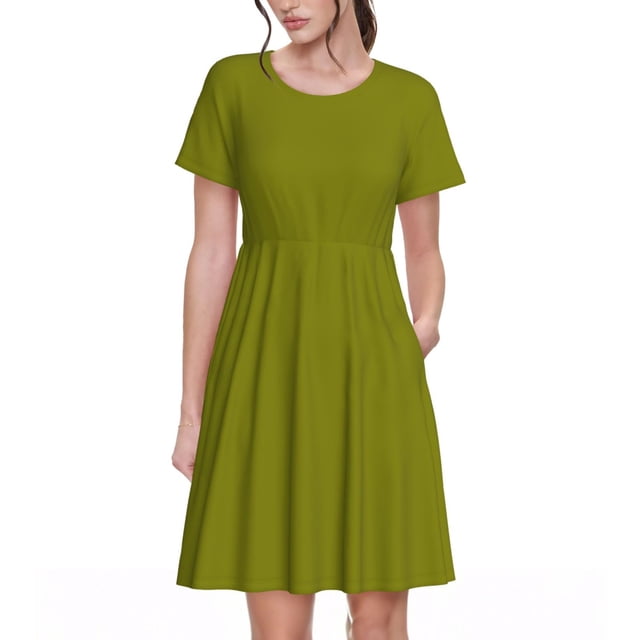 Easygdp Olive para Vestido Transpirable de Mujer, Vestido Suelto de Manga Corta con Pliegues y Bolsillos para el Verano