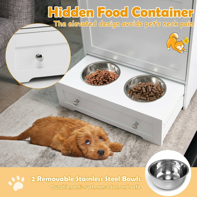Infans Pet Feeding Station Furniture w/ Double Pull Out Dog Bowl Food  Cabinet White 