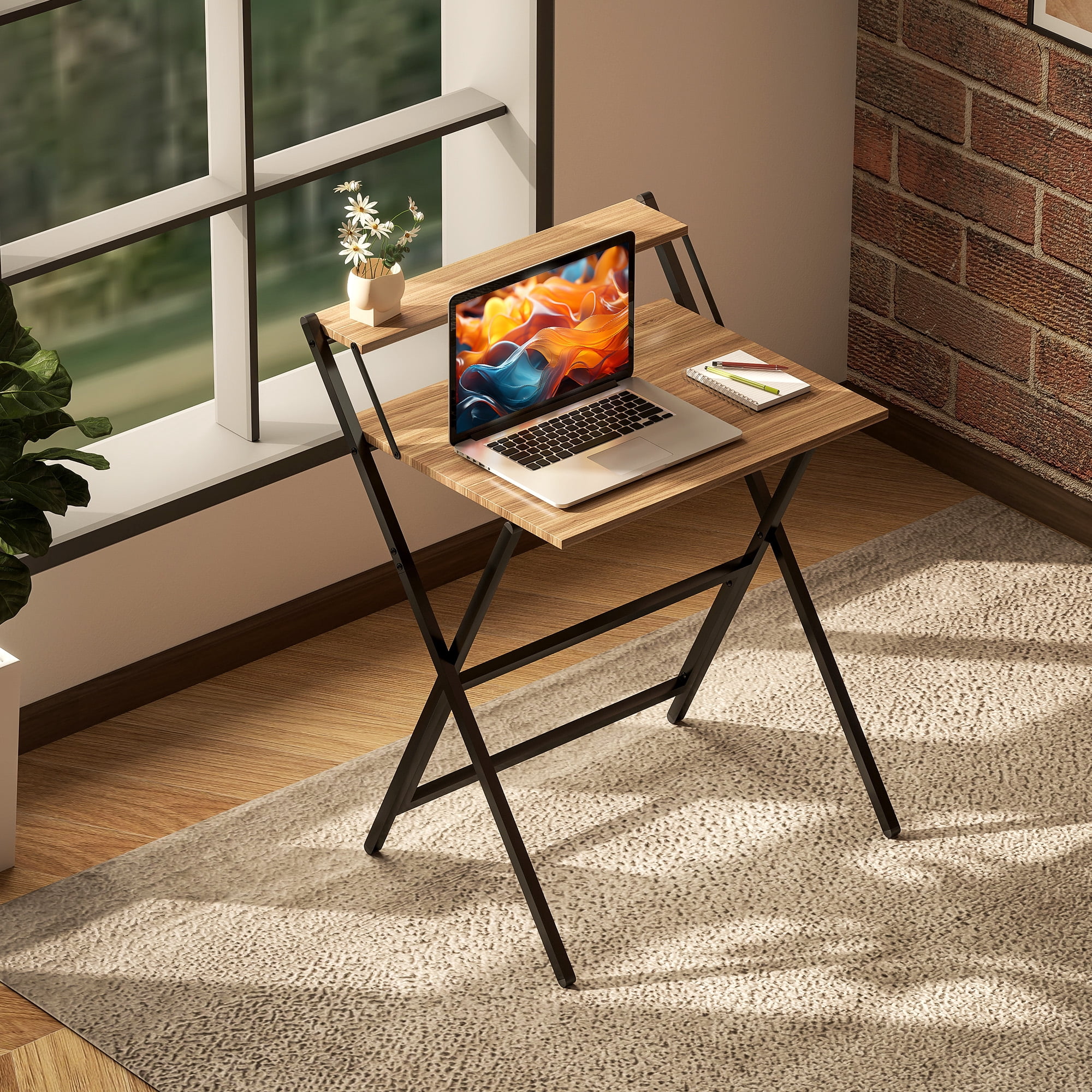 HOMCOM Small Folding Desk, 27.6" Foldable Computer Desk with Monitor Shelf, Writing Table for Small Spaces, Home Office, Study, Easy Assembly, Walnut