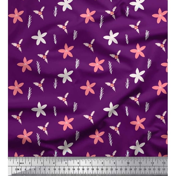 Soimoi Purple Heavy Canvas Fabric Holly Leaves & Floral Print Fabric by the Yard 58 Inch Wide