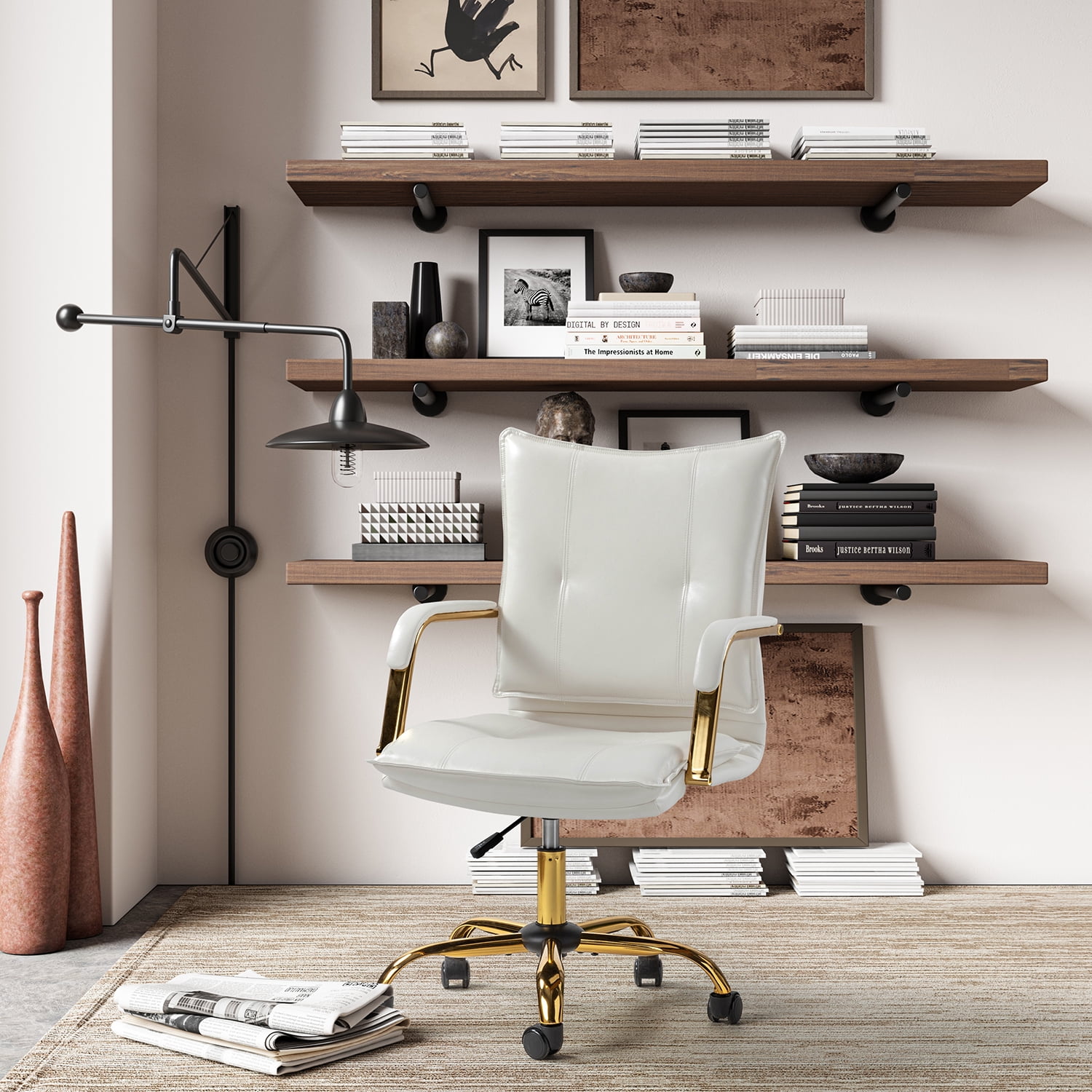 Tina's Home Luxury Faux Leather Office Chair with Golden Accents, Adjustable Swivel Ergonomic Desk Chair for Executive Comfort and Style White