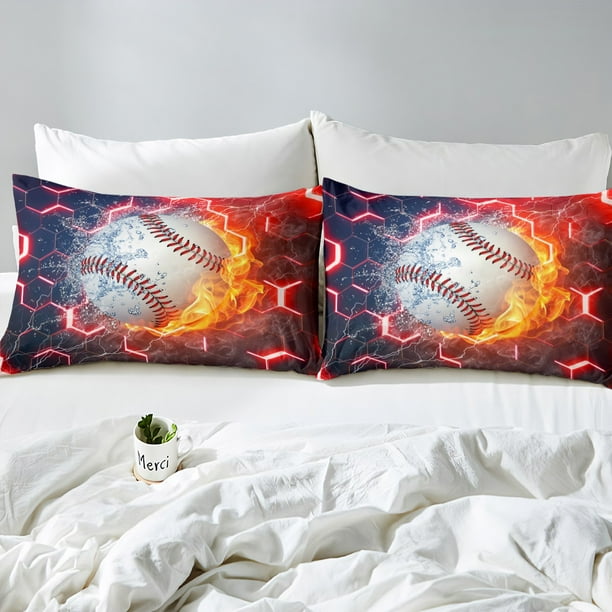 YST Kids Baseball Fitted Sheet Geometric Hexagon Bedding Set Red Neon Honeycomb Hexagonal Bed Sheets Sports Games Themed Sheets Baseball Gifts For