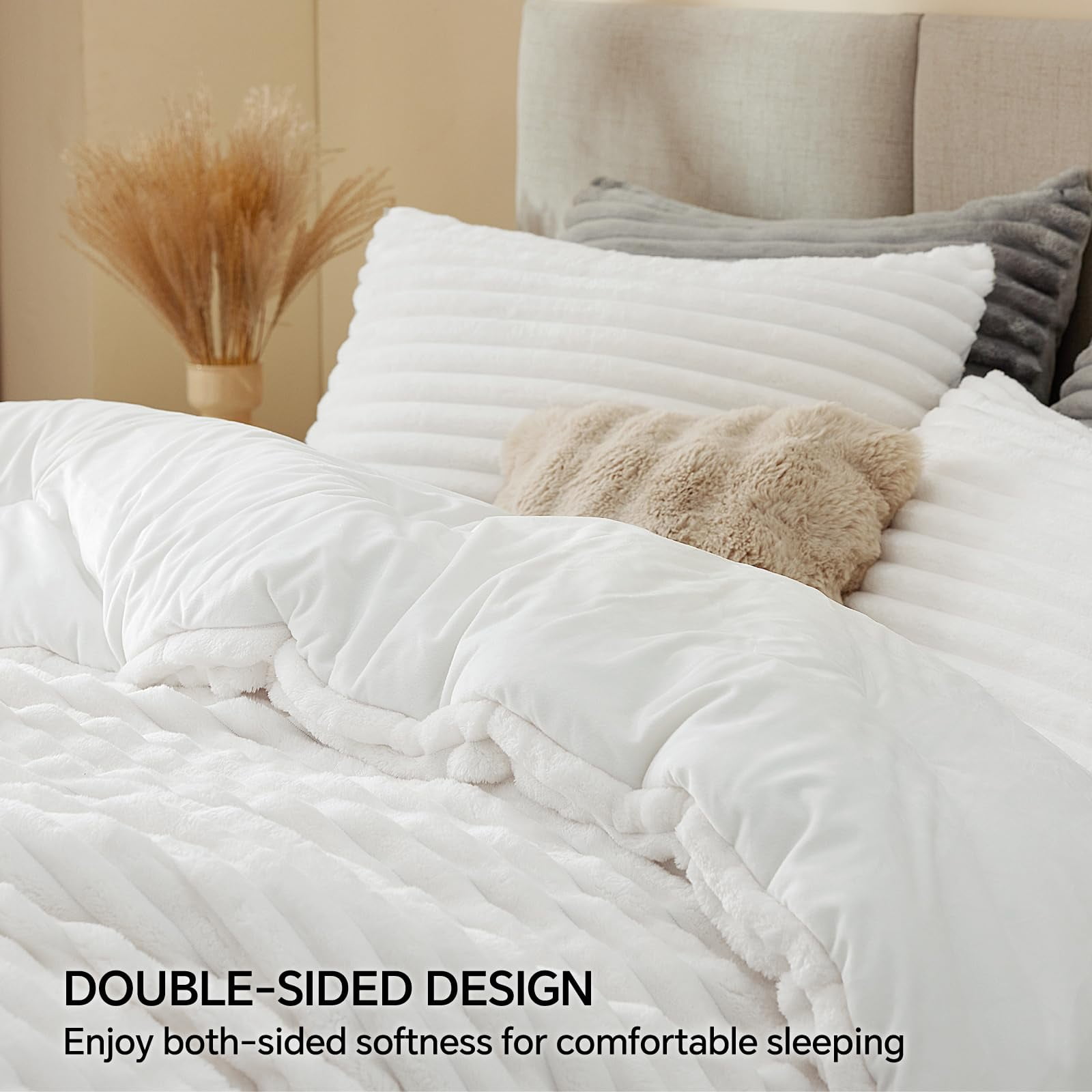 BEDELITE Fleece King Comforter Set -Super Soft & Warm Fluffy Bright White Bedding, Luxury Fuzzy Heavy Bed Set for Winter with 2 Pillow Cases