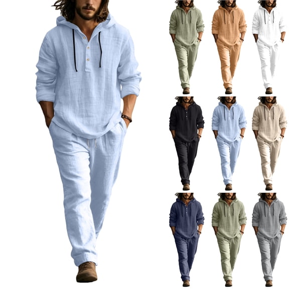 Natural Linen Two-Piece Set With Hooded Henley Top And Drawstring Pants Button Down Linen Shirts with Hood and Beach Pants Loose Fit Casual Vacation Outfits Army Green L