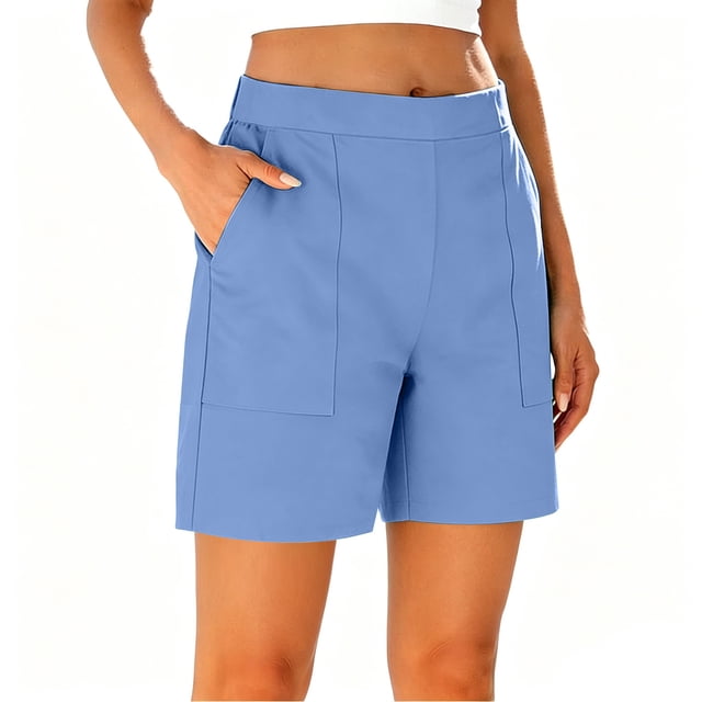 Shorts de Trabajo para Mujer Tipo Pull on, Casual de Negocios, Elásticos, Cintura Elástica, Pierna Recta, Shorts de Oficina con Bolsillos, Azul, M