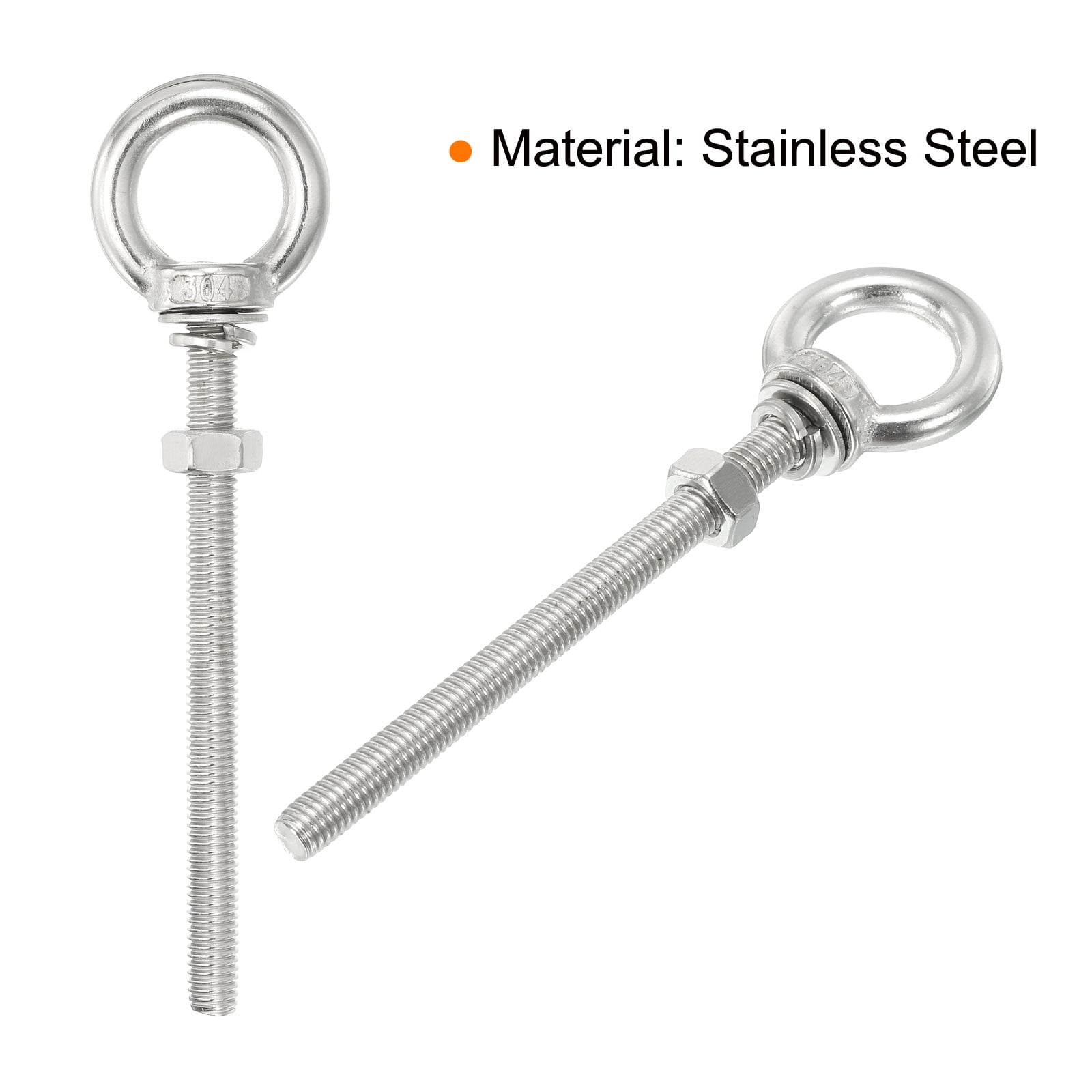 M8x60 5/16"x3.94" Stainless Steel Eye Bolts Threaded Screw Eyebolt Shoulder Ring with Nuts Washers 2 Set